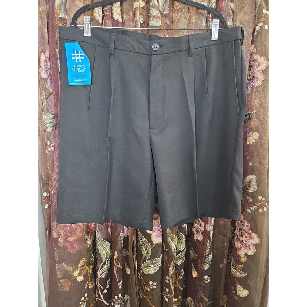 Men's Size 40 Black Stretch Pleated Shorts By Haggar Cool 18 Pro